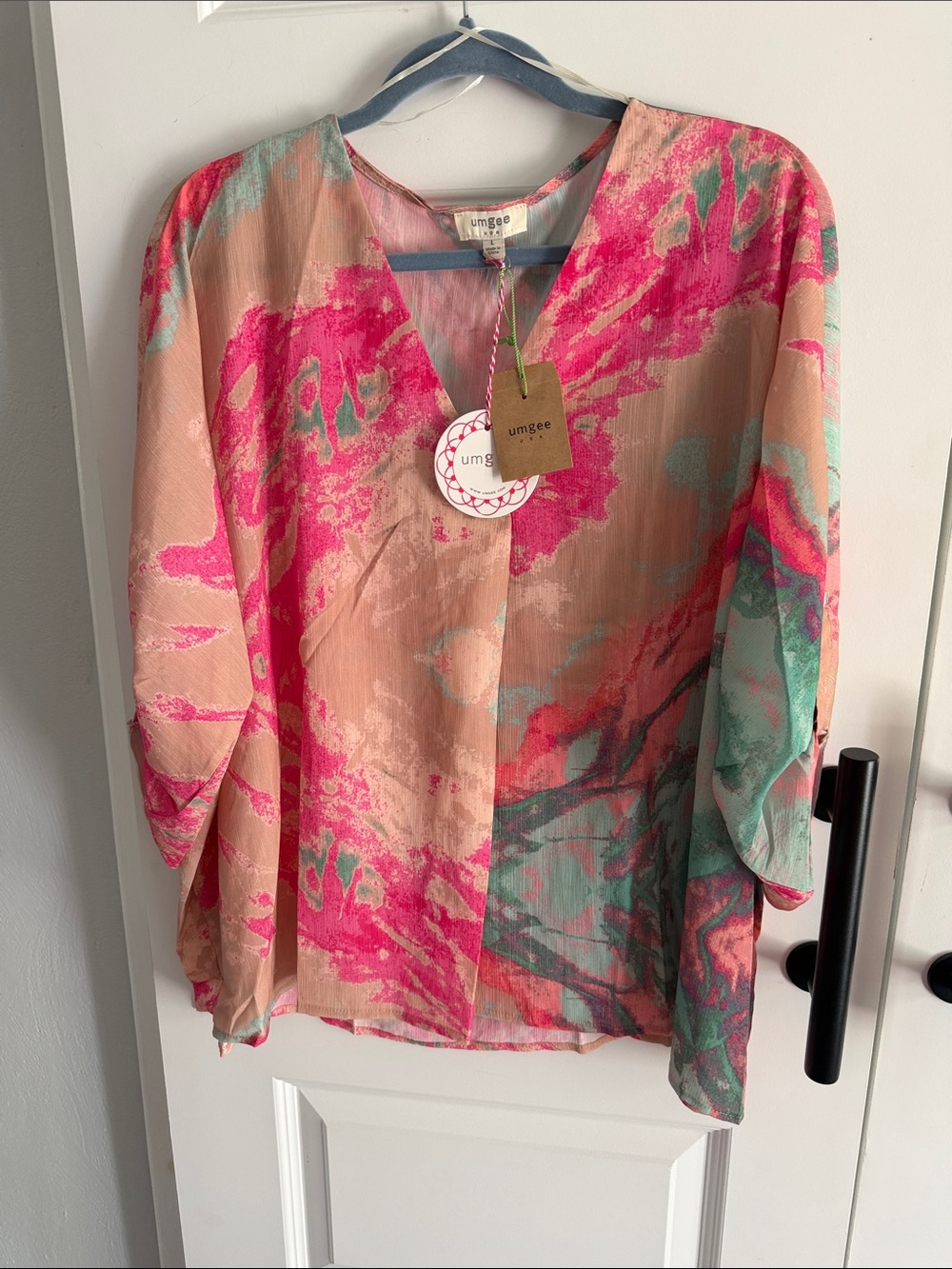 Umgee Pink & Mint Abstract Floral V-Neck Tunic large